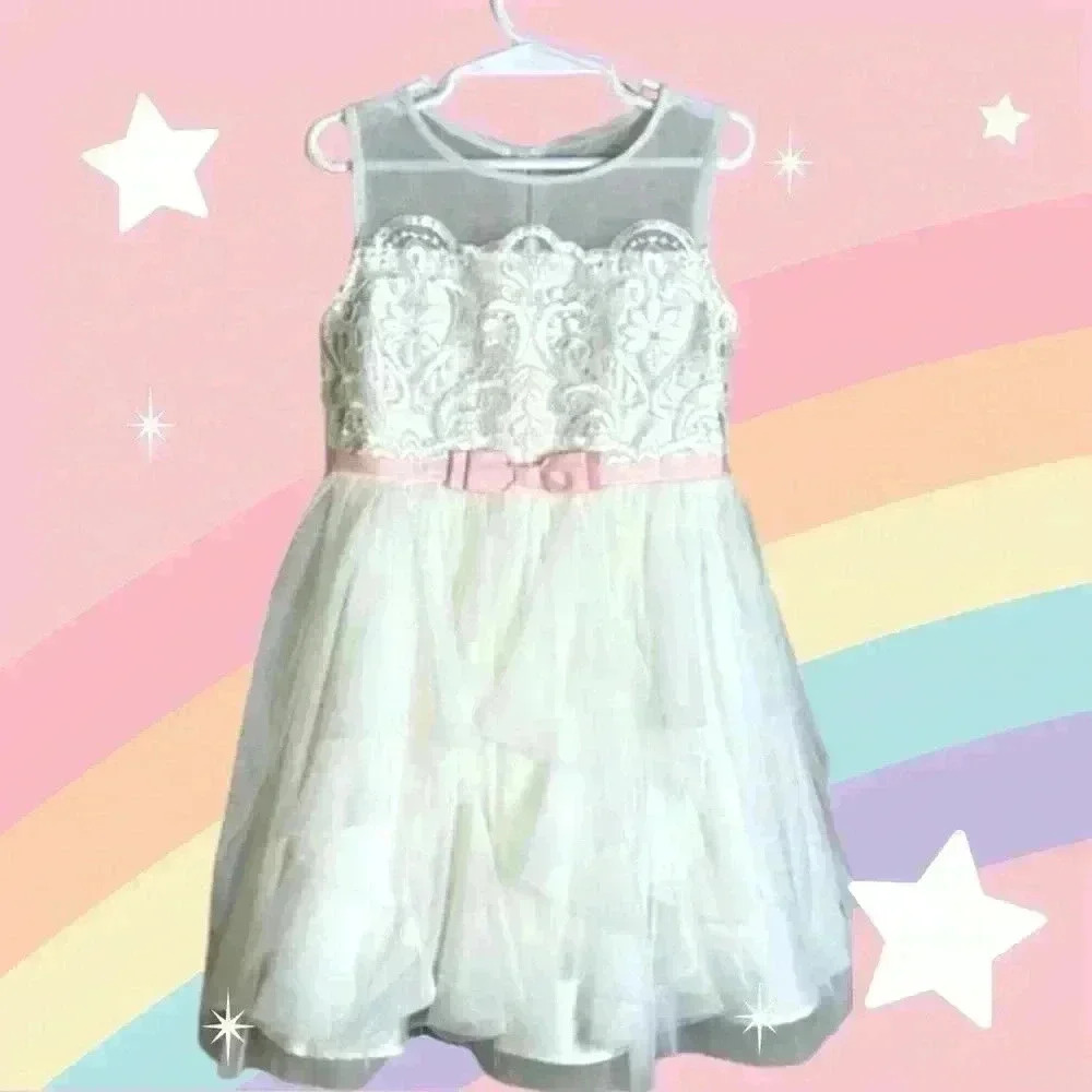Jona Michelle Kid's Girl's Floral Lace Fit, Flare Dress 6T White, pink bow Tulle